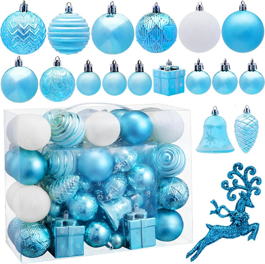 66 Pcs Christmas Assorted Ornaments, Shatterproof Christmas Ornaments for Holidays, Party Decoration, Tree Ornaments, Events, and Christmas (Baby Blue&White)