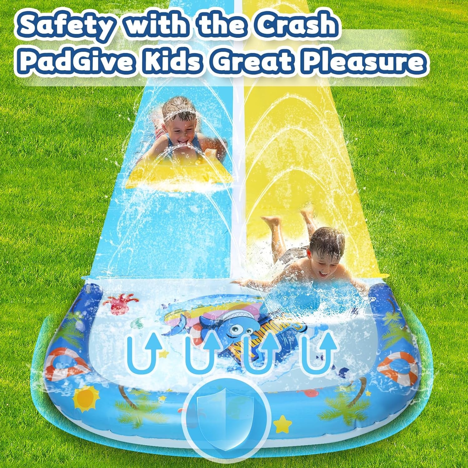 30FT Slip Double Water Slide with 2 Bodyboards, Extra Long Lawn Water Slide Heavy Duty, Giant Outdoor Water Slip Toys with Crash Pad for Backyard Summer Party
