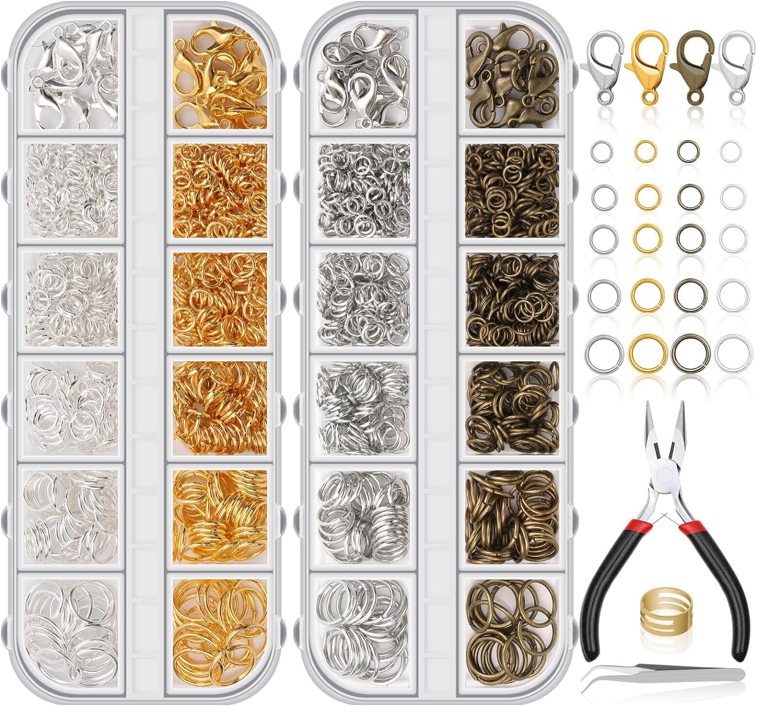 1200Pcs Open Jump Rings and Lobster Clasps Jewelry Findings Kit with Pliers for Jewelry Making (Silver and Gold)