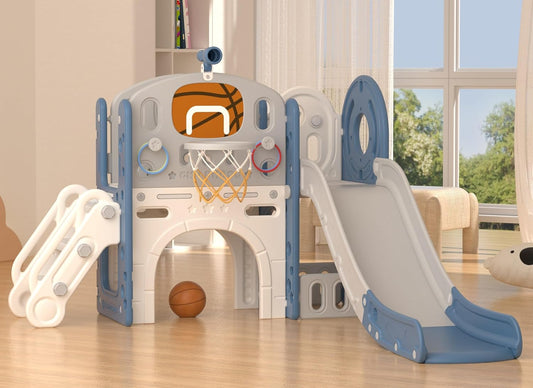 8 in 1 Toddler Slide Set, Kids Slide for Toddlers Age 1+, Toddler Climber Slide Playset with Basketball Hoop and Ball,Outdoor Indoor Playground for Toddlers 1-3 (Blue Gley, 8 in 1)