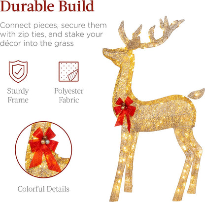 3-Piece Large Lighted Christmas Deer Family Set 5Ft Outdoor Yard Decoration with 360 LED Lights, Stakes, Zip Ties - Gold