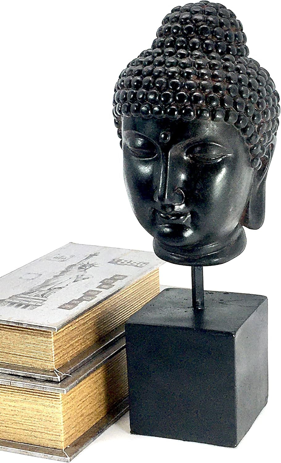 Buddha Head Statue Retro Rustic Vintage Decorative Bookends Bookshelves Stopper Support Heavy Duty Non Skid Book Ends Home Accents Bodhi Bust Buda Calming Zen Meditation