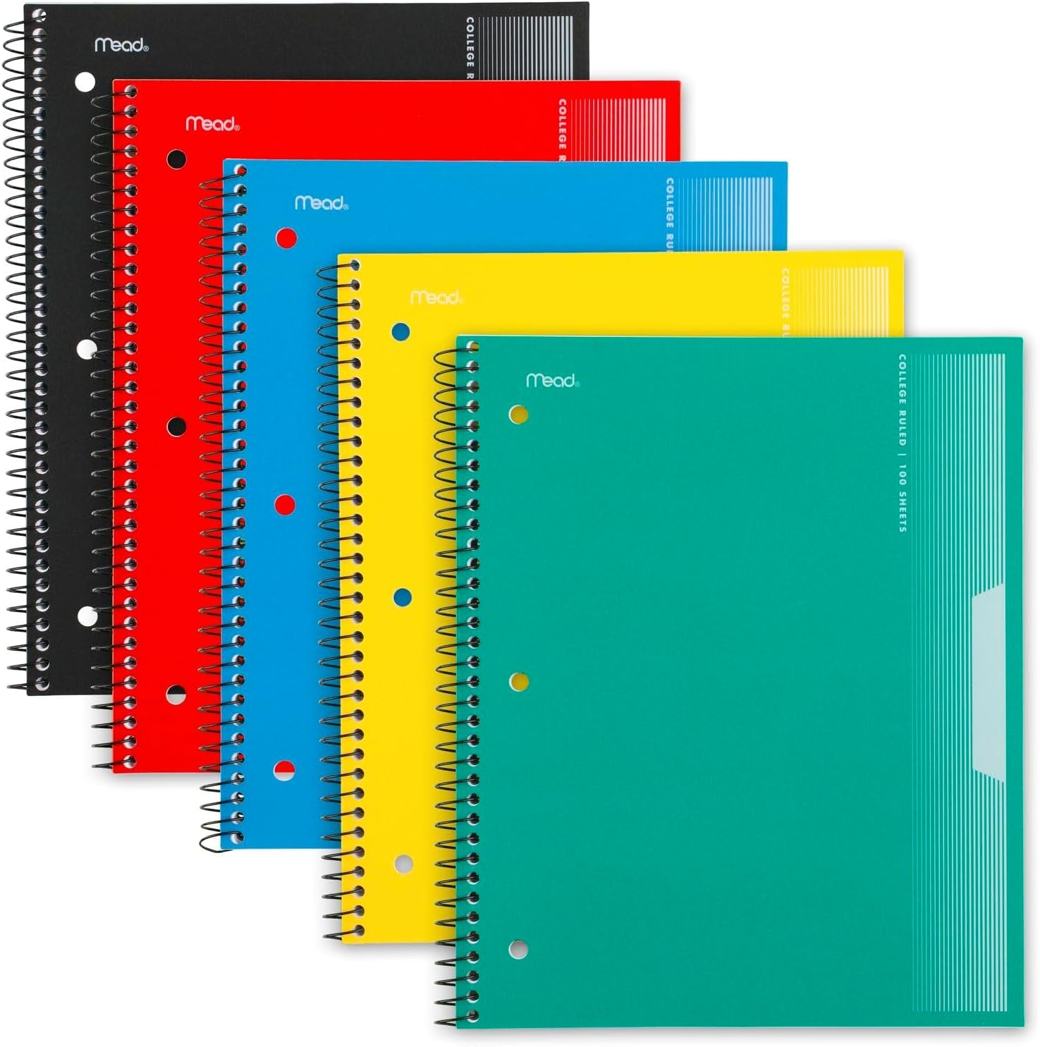 Spiral Notebooks, Pack of 5, 1-Subject, College Ruled Paper, Plastic Cover, 8-1/2" X 11", 100 Sheets, Black, Yellow, Red, Blue and Green (820299)