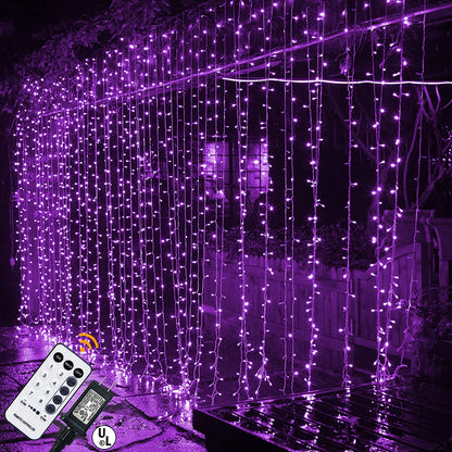 304 LED Curtain String Lights, 9.8 X 9.8 Ft, 8 Modes Plug in Halloween Fairy Light with Remote Control, Christmas, Backdrop for Indoor Outdoor Bedroom Window Wedding Party Decoration, Purple