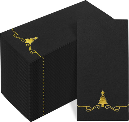 100 Pack Christmas Disposable Guest Napkins 12 X 17 Inch Gold Foil Christmas Trees Napkins Xmas Tree Hand Towels for Bathroom Kitchen Weddings Christmas Holiday Party, Black