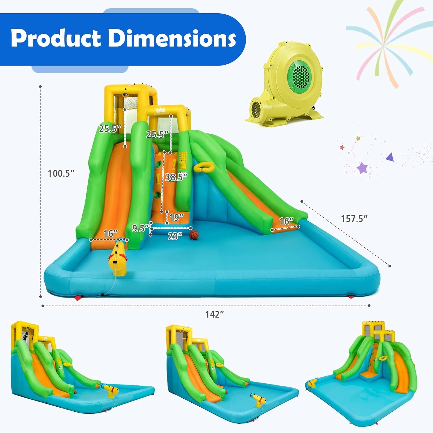 Inflatable Water Slide, 6 in 1 Kids Bouncer Water Park W/Climbing Wall & 2 Long Slides, Splash Pool, Water Cannons, Indoor Outdoor Blow up Water Slides for Backyard(With 480W Blower)