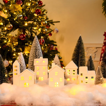 Ceramic Christmas Village Houses 5 Pcs White Christmas Houses & 9 Pcs Christmas Trees & Fake Snow Farmhouse Christmas Decorations Indoor for Home Table Mantle Fireplace