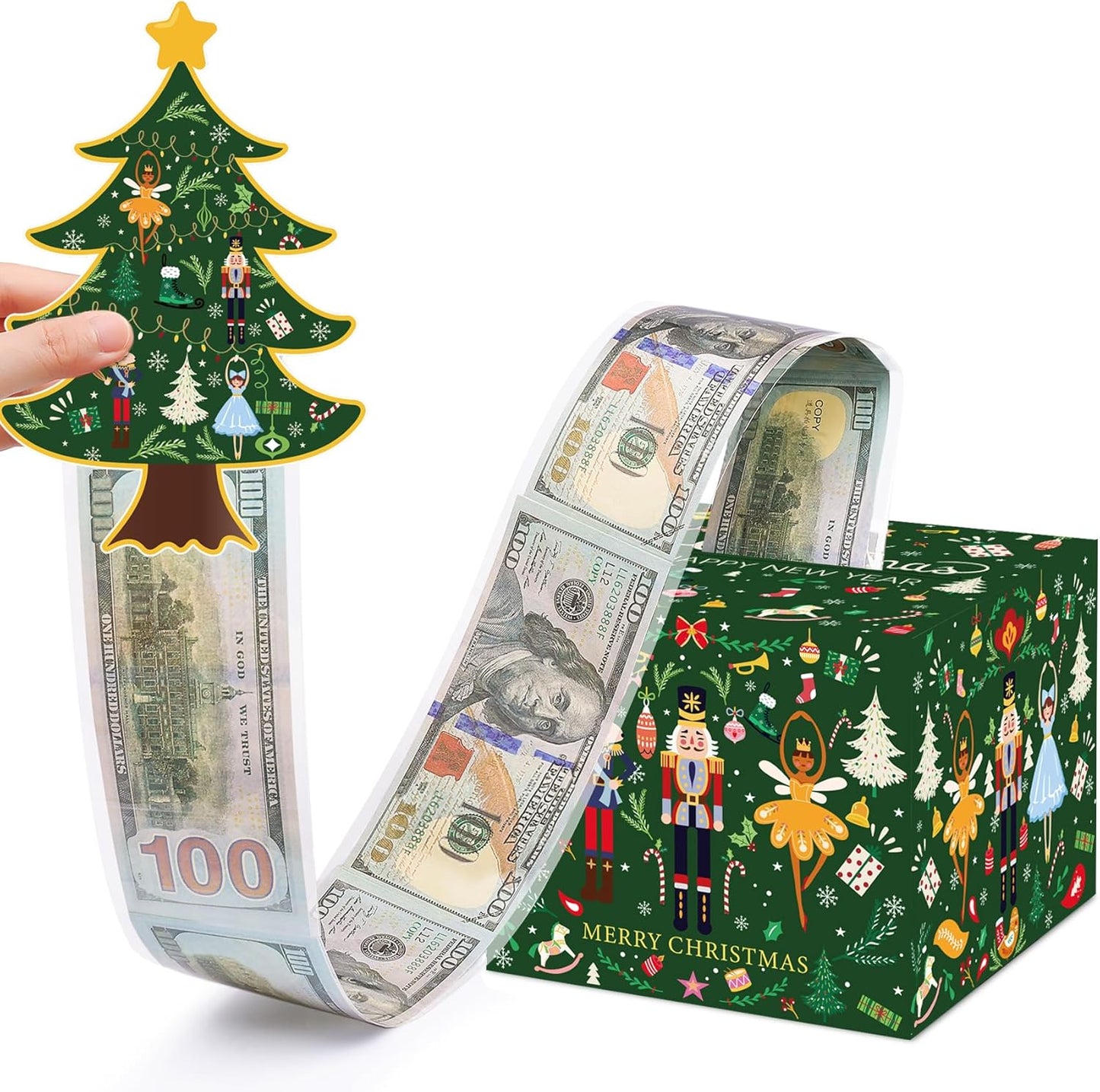 Christmas Money Box for Cash Gift Pull, Surprise Money Holder Cash Gift for Kids Adults, DIY Fun Holiday Cash Box for Women Men Girls Boys Mom Dad Friends, Include 100Pcs Transparent Bags