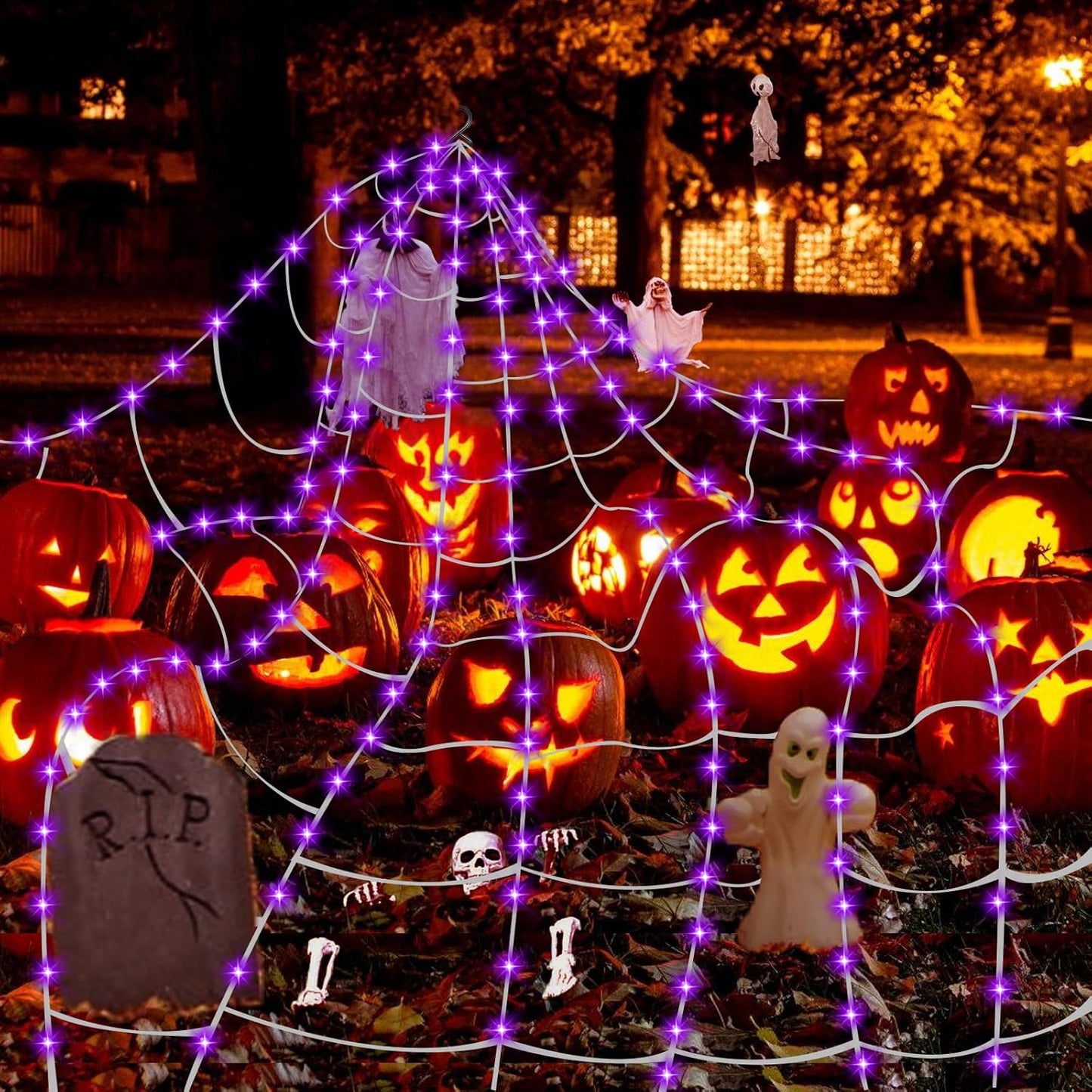 Spider Webs Halloween Decorations - Light up Spider Web Halloween Decorations Outdoor 32X16.5Ft- 450 LED Giant Spider Web & 50G Stretch Cobweb,Halloween Spiderwebs with Remote Control