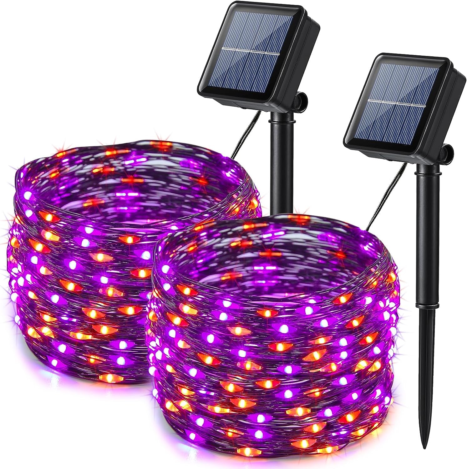 2 Pack Halloween Solar Lights, 33Ft 100LED Orange Purple Halloween Fairy Lights Waterproof 8 Modes Twinkle Lights Outdoor for Halloween Party DIY Decoration Black Wire