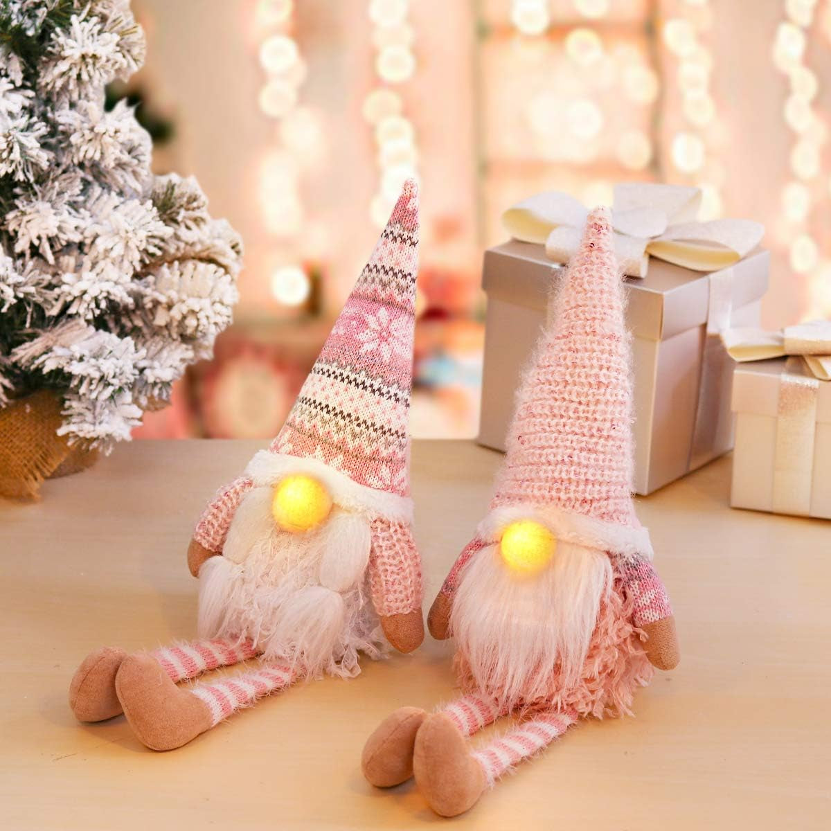 Pink Christmas Valentine Gnomes Decorations, 2Pack Handmade Swedish Tomte Gnome with LED Lighting Nose Scandinavian Figurine Pink Gnomes Plush Elf Valentines Day Decor Long Leg