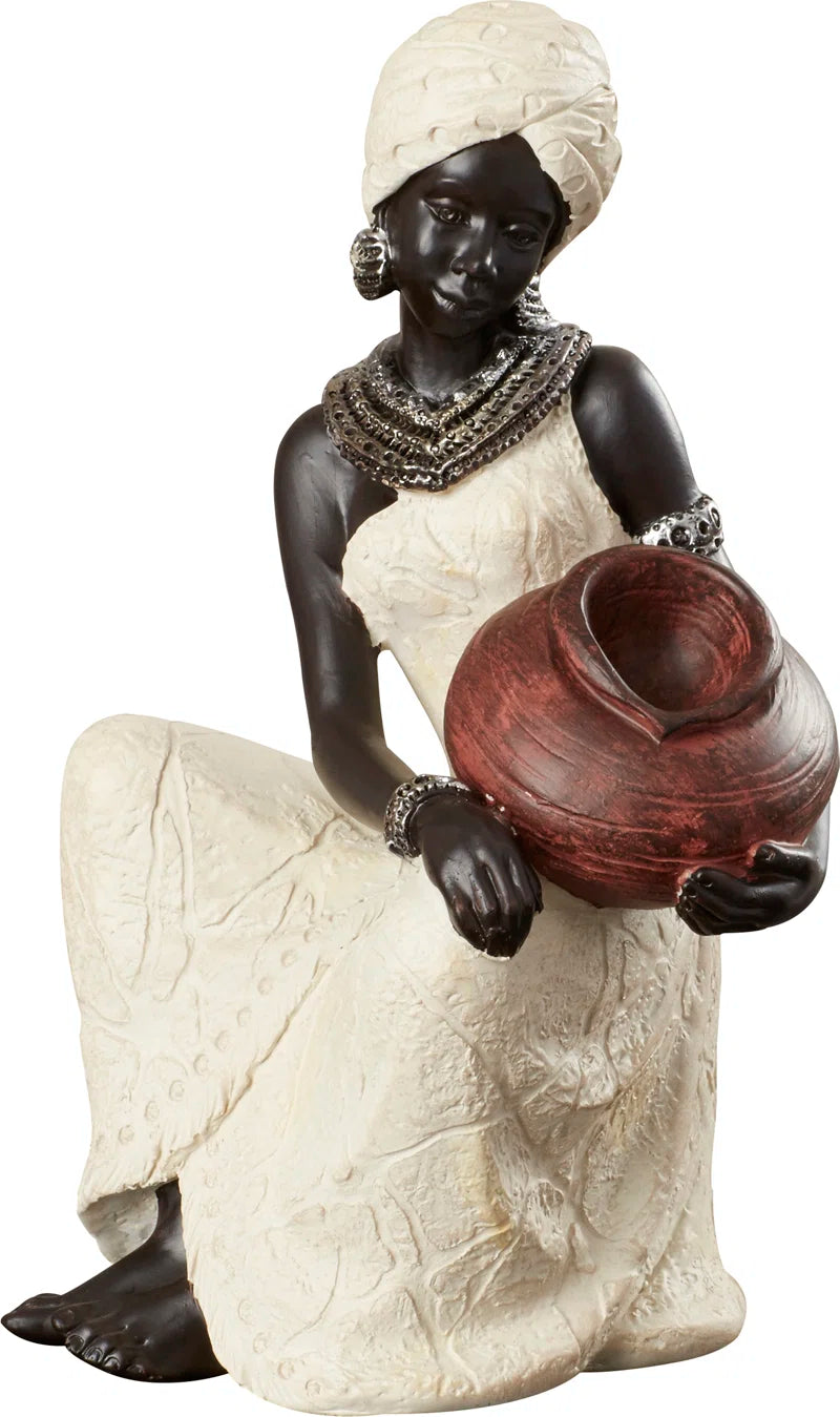 Harly Cream Polystone Sitting African Woman Sculpture with Red Water Pot