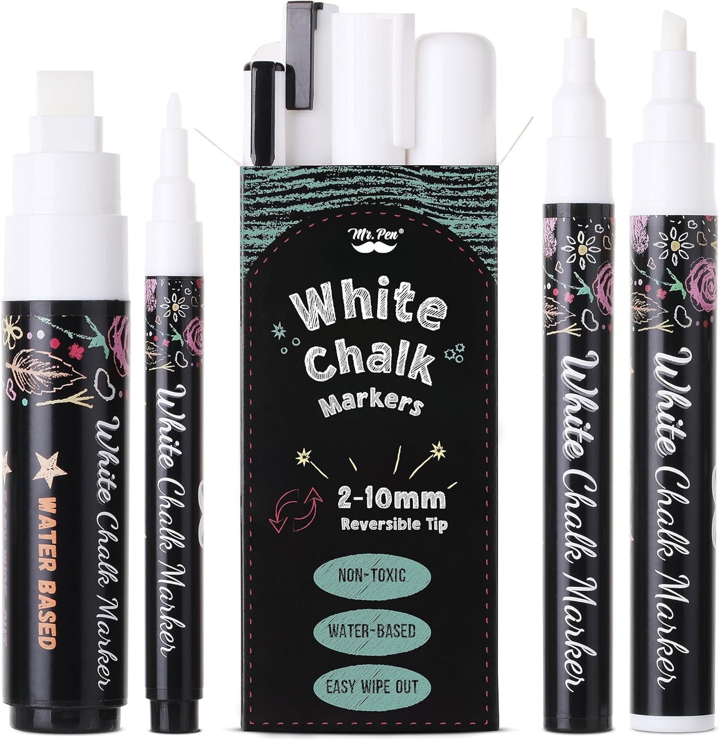 - White Chalk Markers, 4 Pack, Dual Tip, 8 Assorted Colors, for Non-Porous Surfaces, Reversible Chisel and Bullet Tip