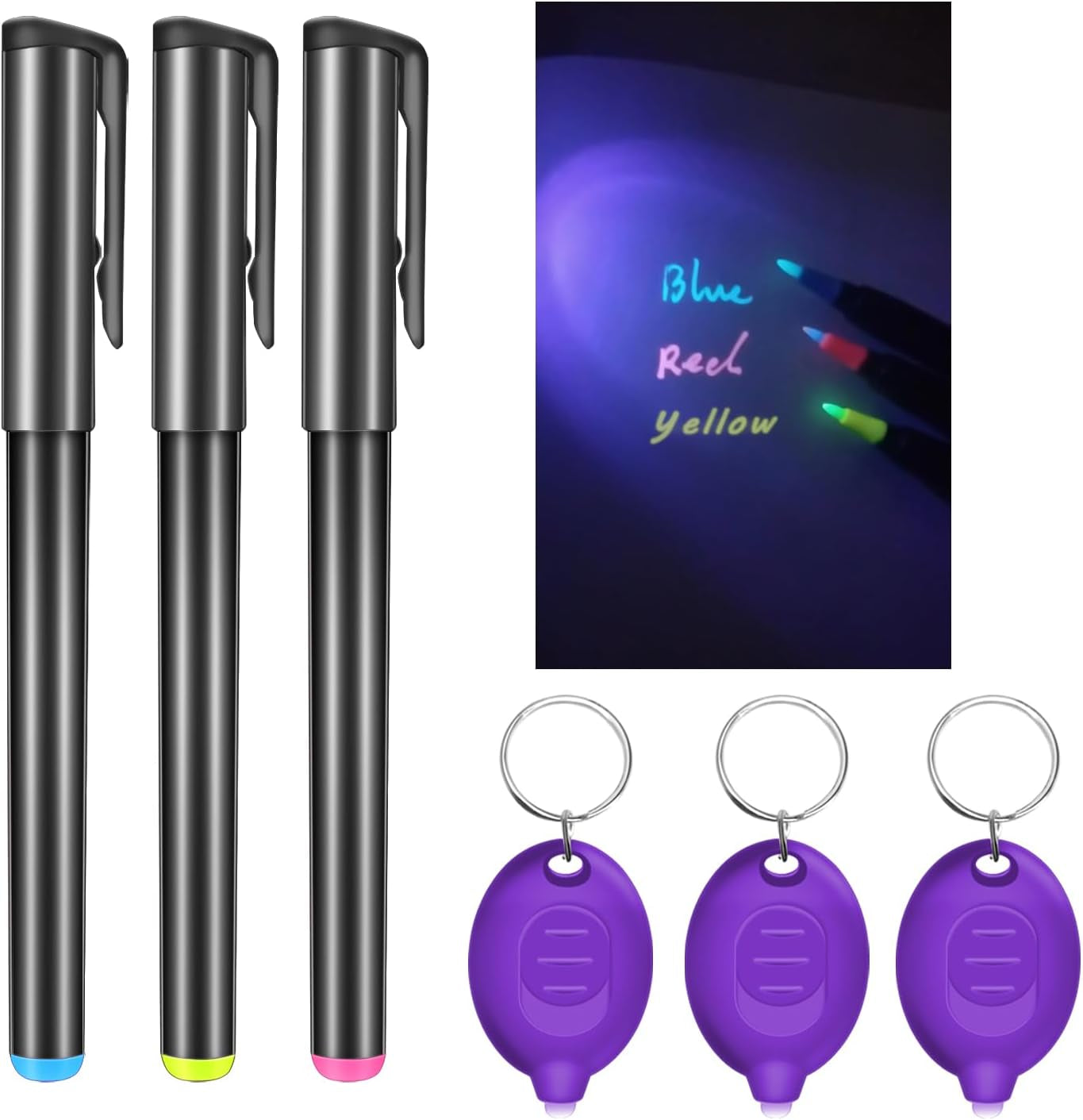 Invisible Ink Pen, Spy Pen with 6 PCS Mini UV LED Keychain Flashlight, Disappearing Ink Magic Pen with Black Light Markers for Secret Notes, Fit for Christmas Halloween Holiday Gifts (6 PCS)