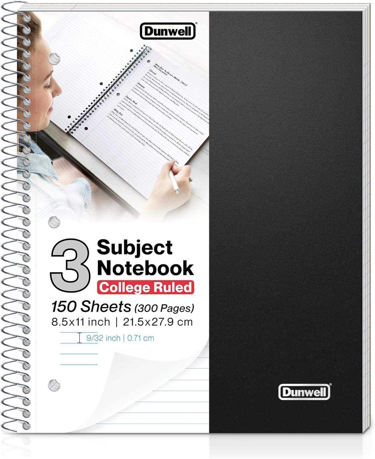 1 Subject Spiral Notebook 8.5 X 11 – Black Plastic Cover College Ruled Notebook, 100 Sheets, One Subject Notebook with Perforated Paper, Inner Pockets, Spiral Notebook for School Note Taking