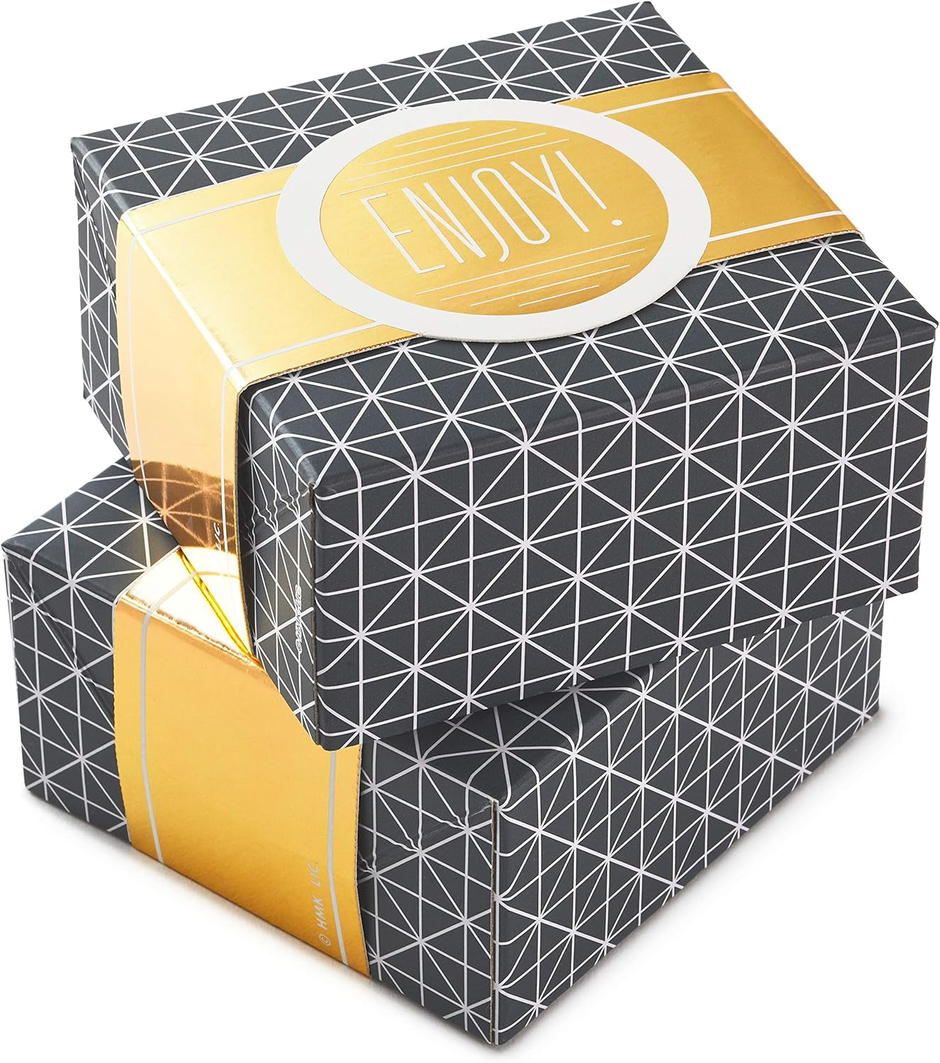 Small Gift Boxes with Wrap Band (2-Pack: Gray Geometric, Gold Enjoy!) 4 Inch Boxes for Weddings, Graduations, Engagements, Birthdays, Housewarmings, Wrapped Treats and Cookies