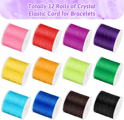 12 Rolls Elastic Crystal Tec String for Bracelets, 0.8 MM Stretch Bead String Cord Jewelry Thread for Bracelets, Necklaces, Clay Beads, Pony Beads (Multiple Colors)