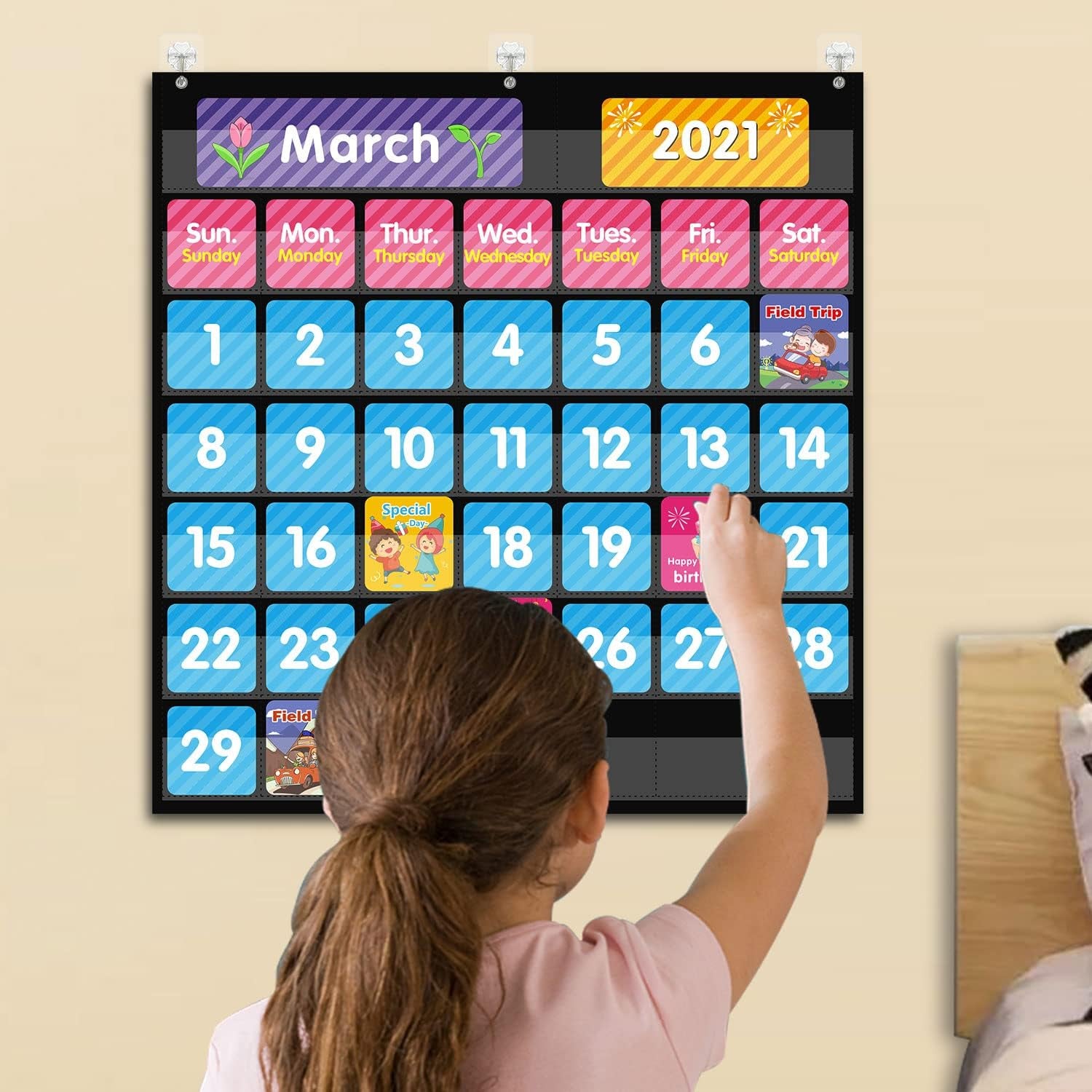 Large 44 Pockets Calendar Pocket Chart for Classroom with 85 Cards, Size:25” X 24” Monthly Calendar and Weather Black Pocket Chart for Kids Learning for Home or Kindergarten (44 Pockets)