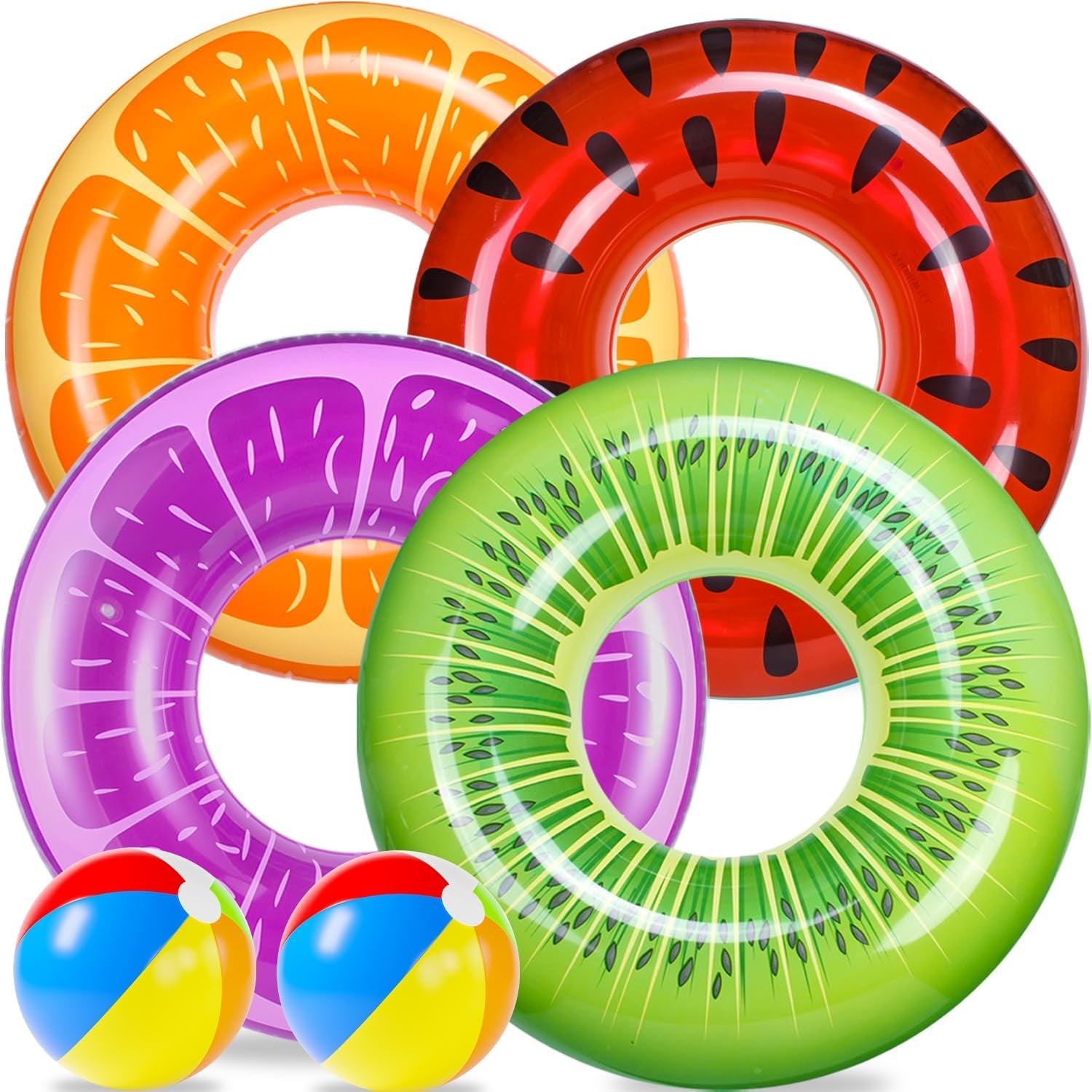 6 Pack Pool Floats Kids, Pool Swim Tubes Rings(4 Pack) - 4Pcs Inflatable Big Floaties Beach Swimming Toys with 2Pcs Beach Balls for Adults Raft Floaties Toddlers