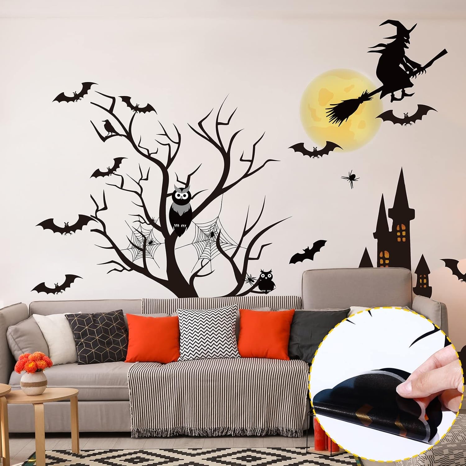 4 Sheet Halloween Window Clings Halloween Glass Decals Bat Witch Spider Pumpkin Removable Wall Decal Halloween Window Stickers Spooky Window Decals for Glass Windows Holiday Wall Stickers for Door