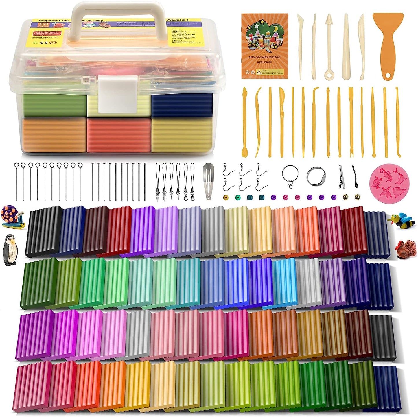 Polymer Clay 50 Colors, Modeling Clay for Kids DIY Starter Kits, Oven Baked Model Clay, Non-Sticky Molding Clay with Sculpting Tools, Gift for Children and Artists (50 Colors A)