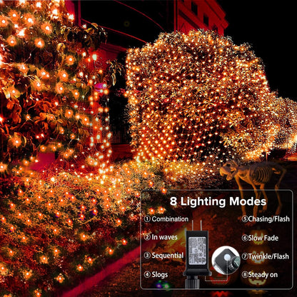 Halloween Net Lights, 200 LED 8.2Ft X 4.9Ft Orange Halloween Bush Lights with 8 Modes, Timer, Connectable, Waterproof and Green Wire Design for Trees, Bushes, Halloween Decorations Outdoor