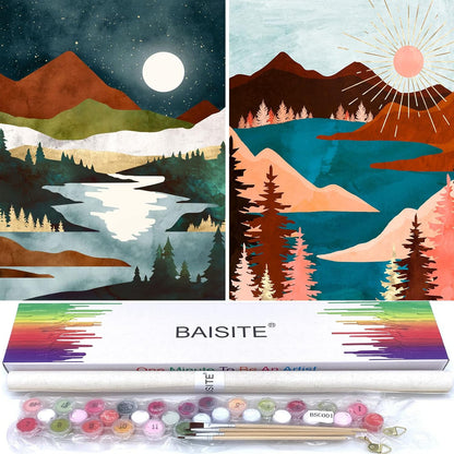 Paint by Numbers Kit for Adults Beginners,12" Wx16 L 2 Pack Canvas Pictures Drawing Paintwork with 8 Pcs Wooden Paintbrushes,Acrylic Pigment in Gift Box-1112