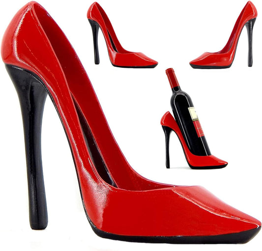 21381 Wine Bottle Holder Shoe Red Black High Heel Shaped Stiletto 8 Inch Tall