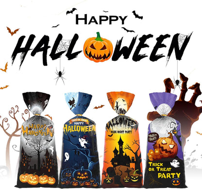 Halloween Treat Bags | 50 Pcs Cellophane Bags with Fun Scary Designs | Pumpkins, Witches Cello Bags | Halloween Party Decorations, Spooky Trick or Treat Bags