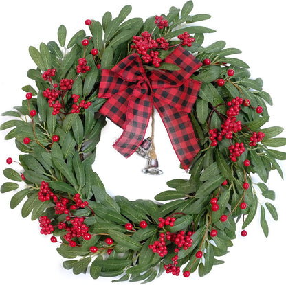 Christmas Olive Wreath for Front Door Christmas Red Berry Wreath, Winter Bowknot Leaves Wreath with Red Berry and Jingle Bell Farmhouse Front Door Wreath