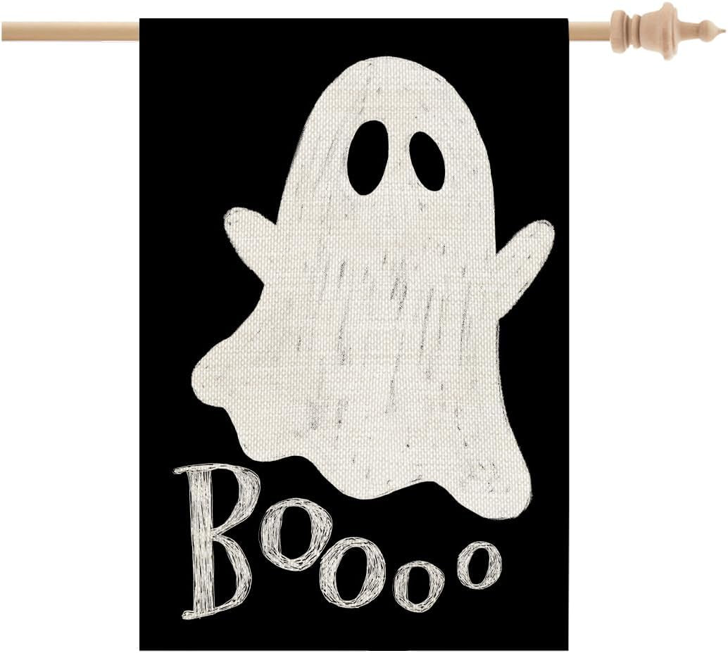 Halloween Ghost House Flag 28X40 Inch Double Sided Large Burlap for outside Welcome Boo Black Holiday Yard Flag CF1079-40