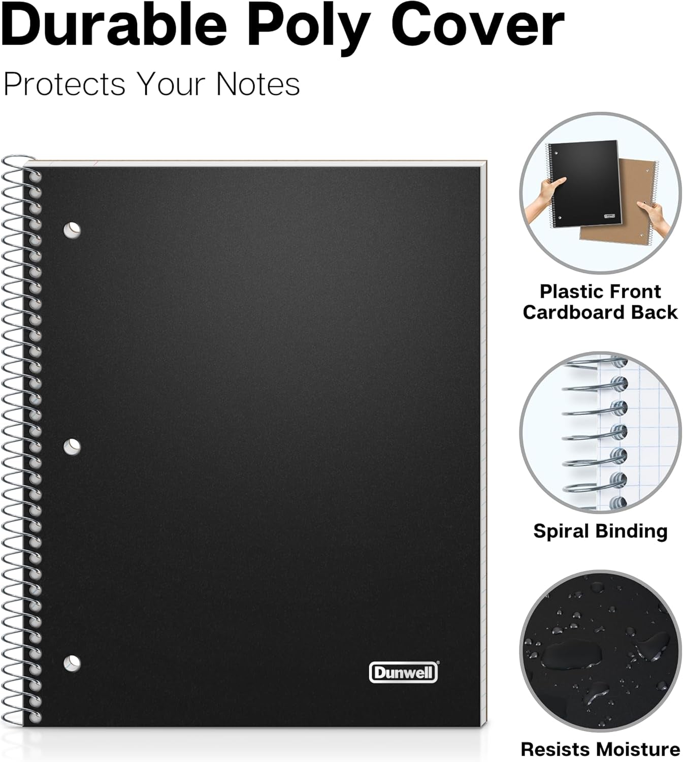 1 Subject Spiral Notebook 8.5 X 11 – Black Plastic Cover College Ruled Notebook, 100 Sheets, One Subject Notebook with Perforated Paper, Inner Pockets, Spiral Notebook for School Note Taking