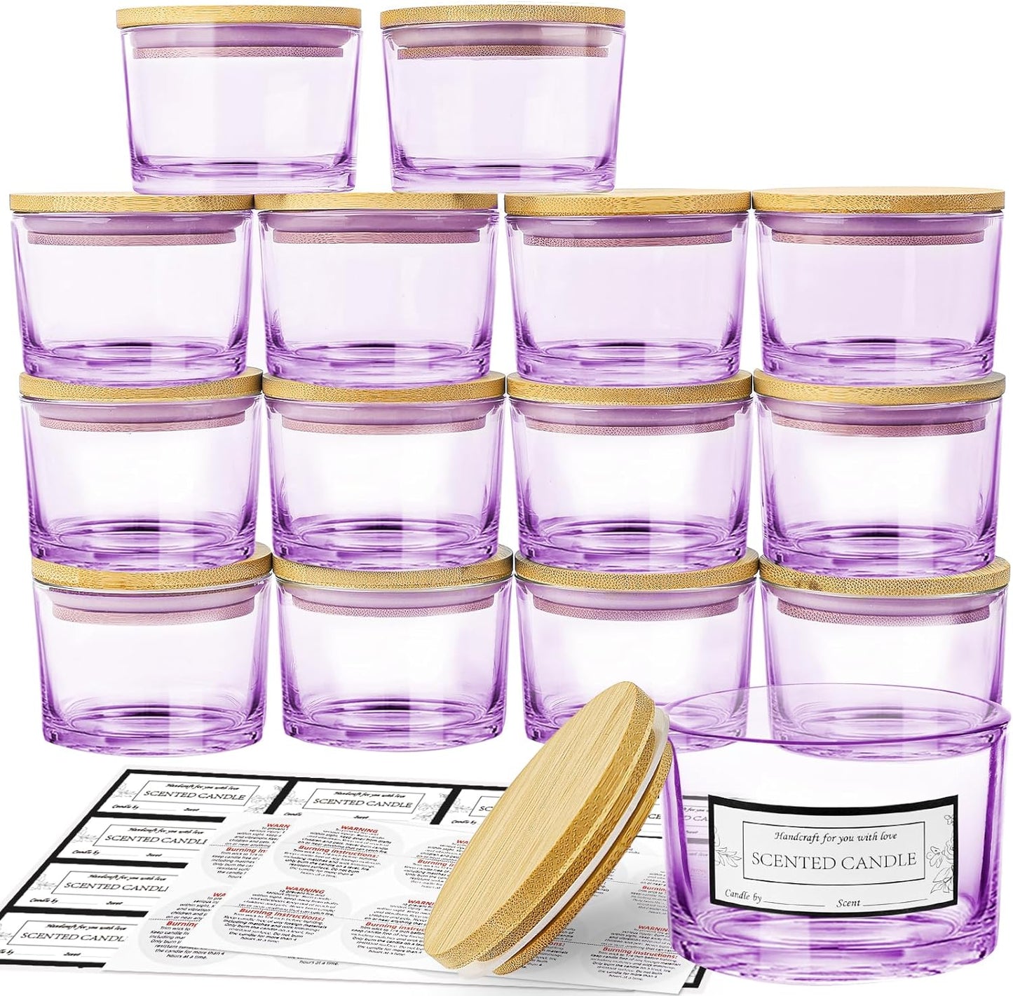 15 Pack 4 OZ Clear Glass Candle Jars with Airtight Bamboo Lids for Making Candles, Bulk Small Wide Mouth Empty Candle Containers with Sticky Warning Labels - Dishwasher Safe