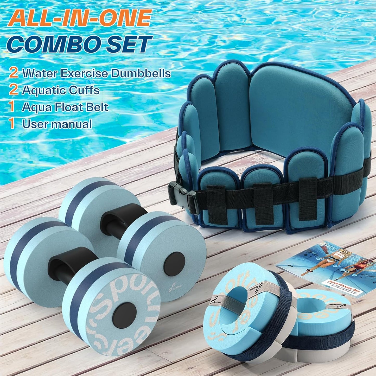 Water Aerobics Pool Exercise Equipment:  Water Workout Combo Set Includes High Density Water Dumbbell Aqua Belt Water Ankle Weights for Aquatic Therapy Pool Fitness Water Exercise