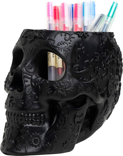 Skull Makeup Brush and Pen Holder Extra Large, Strong Resin Extra Large Halloween (Pink)