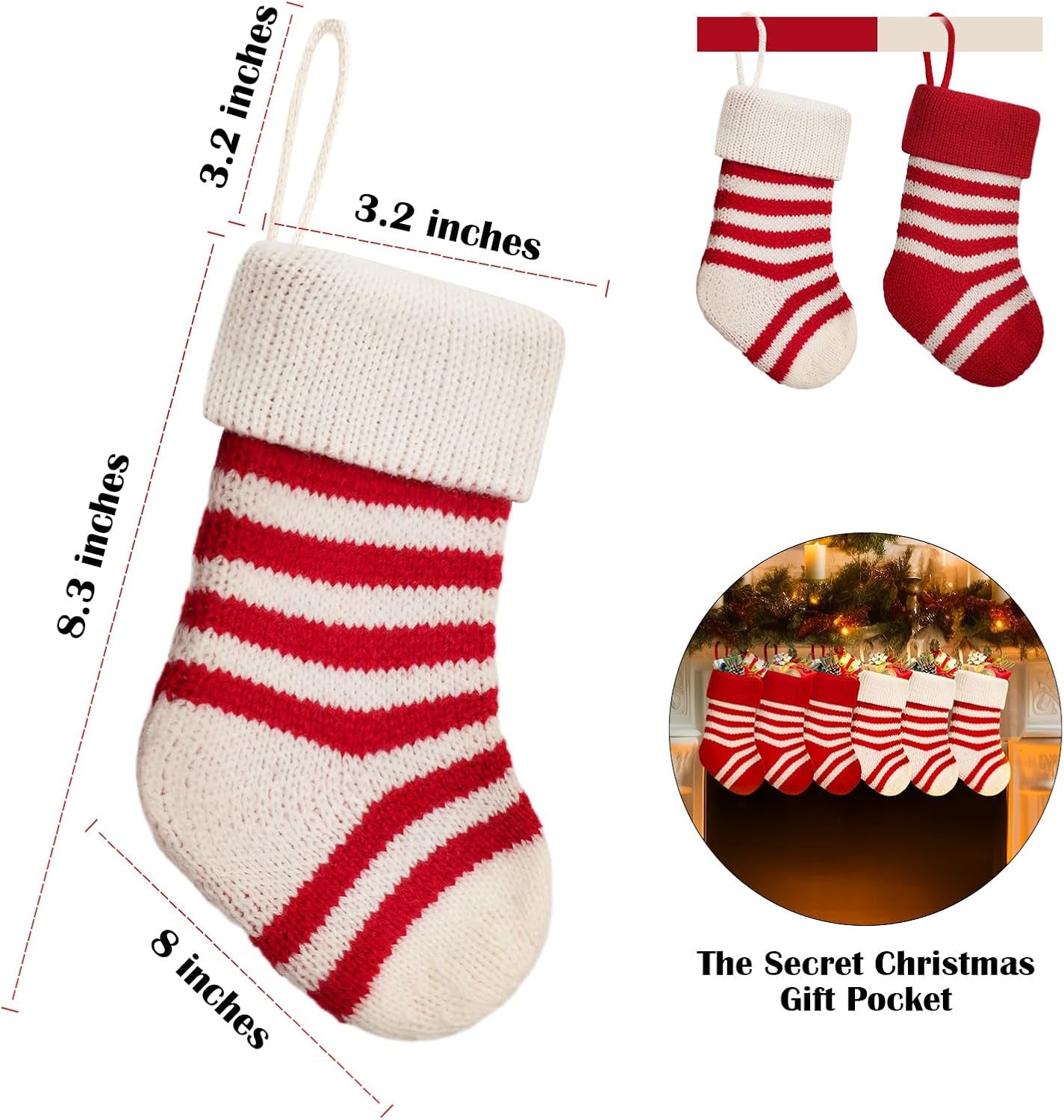 2Pcs Knited Christmas Stockings 8'' Red White Strips Chirstmas Stockings Small for Holiday Hanging Decor on Fireplace Shelf Christmas Home Decroation