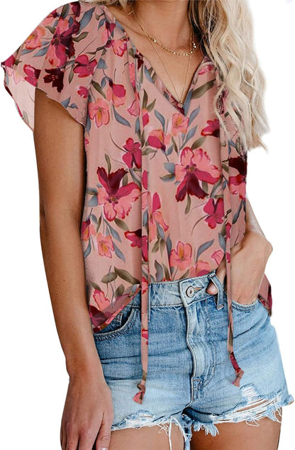 Women'S Casual Boho Floral Printed V Neck Tops Drawstring Short Long Sleeve T Shirt Blouses