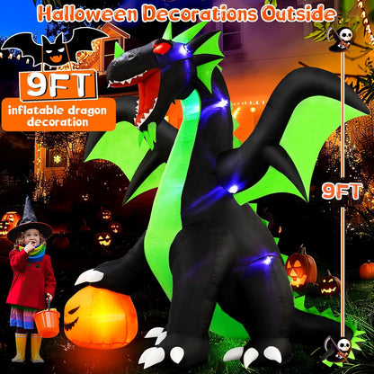 Halloween Inflatable Dragon Outdoor Decorations : 9FT Large Blow up Yard Dragon with Pumpkin and LED Lights for Halloween Fun Holiday Party Garden Lawn Decoration