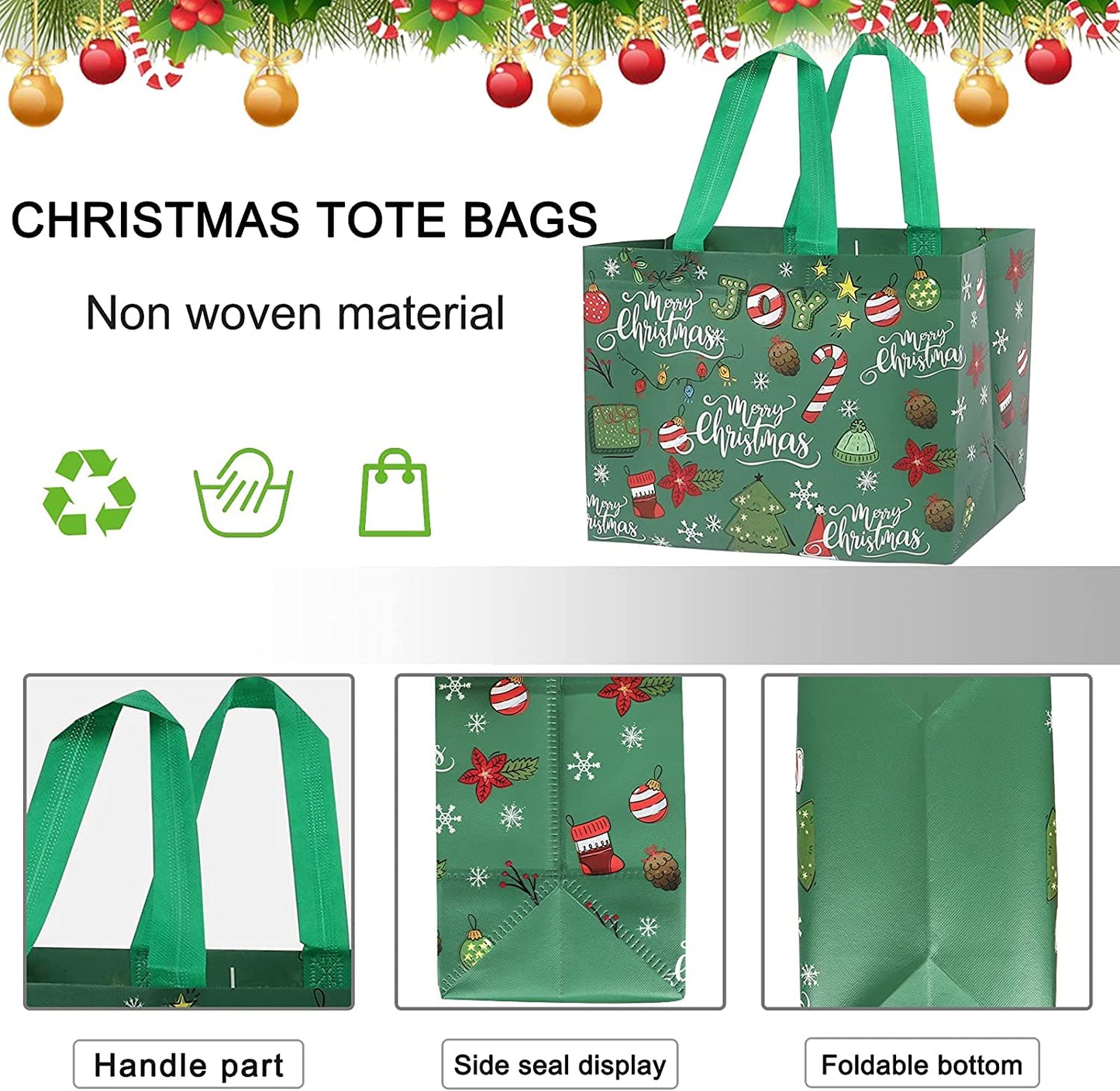 12 Pack Large Christmas Gift Bag Reusable Tote Bags with Handle, Non-Woven Christmas Bag for Holiday Xmas Event Party