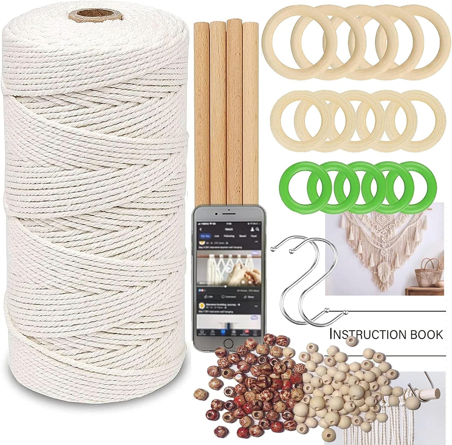 Macrame Kit, All in Macrame Supplies 109Yards X 3Mm Macrame Cord,Diy Macrame Kit for Adults Beginners, Macrame Beads with Wooden Rings and Wooden Sticks for Macrame Plant Hanger Kit