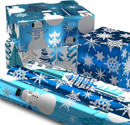 Blue Foil Christmas Wrapping Paper with Cut Lines on Reverse (3 Rolls: 60 Sq. Ft. Ttl) Snowmen, Snowflakes, Christmas Trees