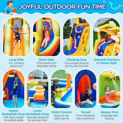 Inflatable Water Slide, 10-In-1 Rainbow & Clouds Style Water Slide Combo W/ 2 Pools & Large Climbing Wall & Tunnel, Double Lane Water Slide for Kids Aged 3-10 W/Storage Bag & 650W Blower