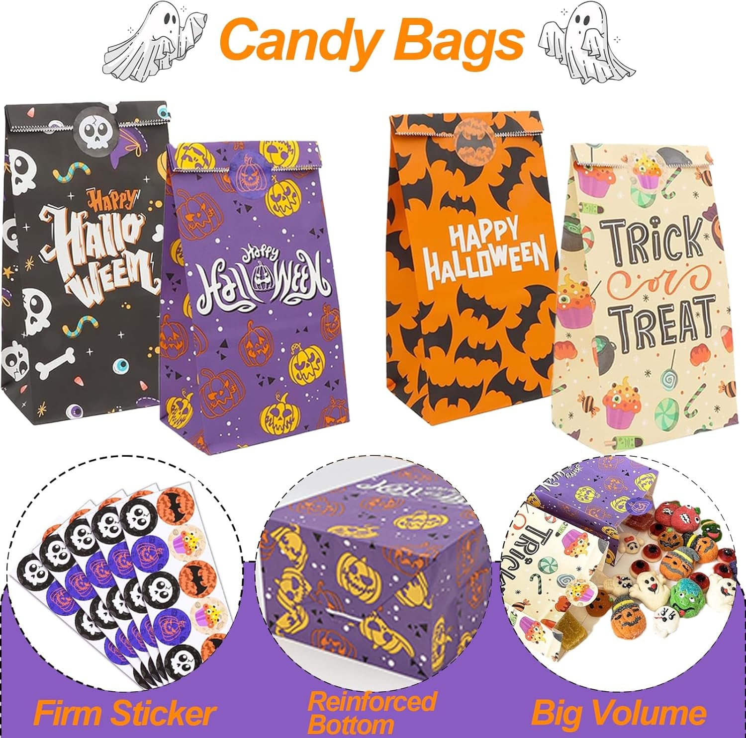 Halloween Candy Bags Party Favors - 24Pcs Halloween Trick or Treat Goody Gags Gift Treat Bags with 24 Pcs Halloween Stickers, Halloween Bags Party Supplies Small Gift Bags for Kids Girls Child Boys