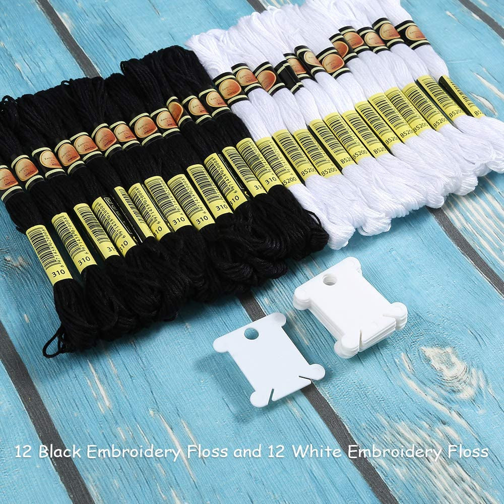 24 Skeins Friendship Bracelets Floss, Black and White Embroidery Cross Stitch Threads Cotton, Embroidery Floss with 12 Pieces Floss Bobbins for Halloween Knitting, Cross Stitch Project