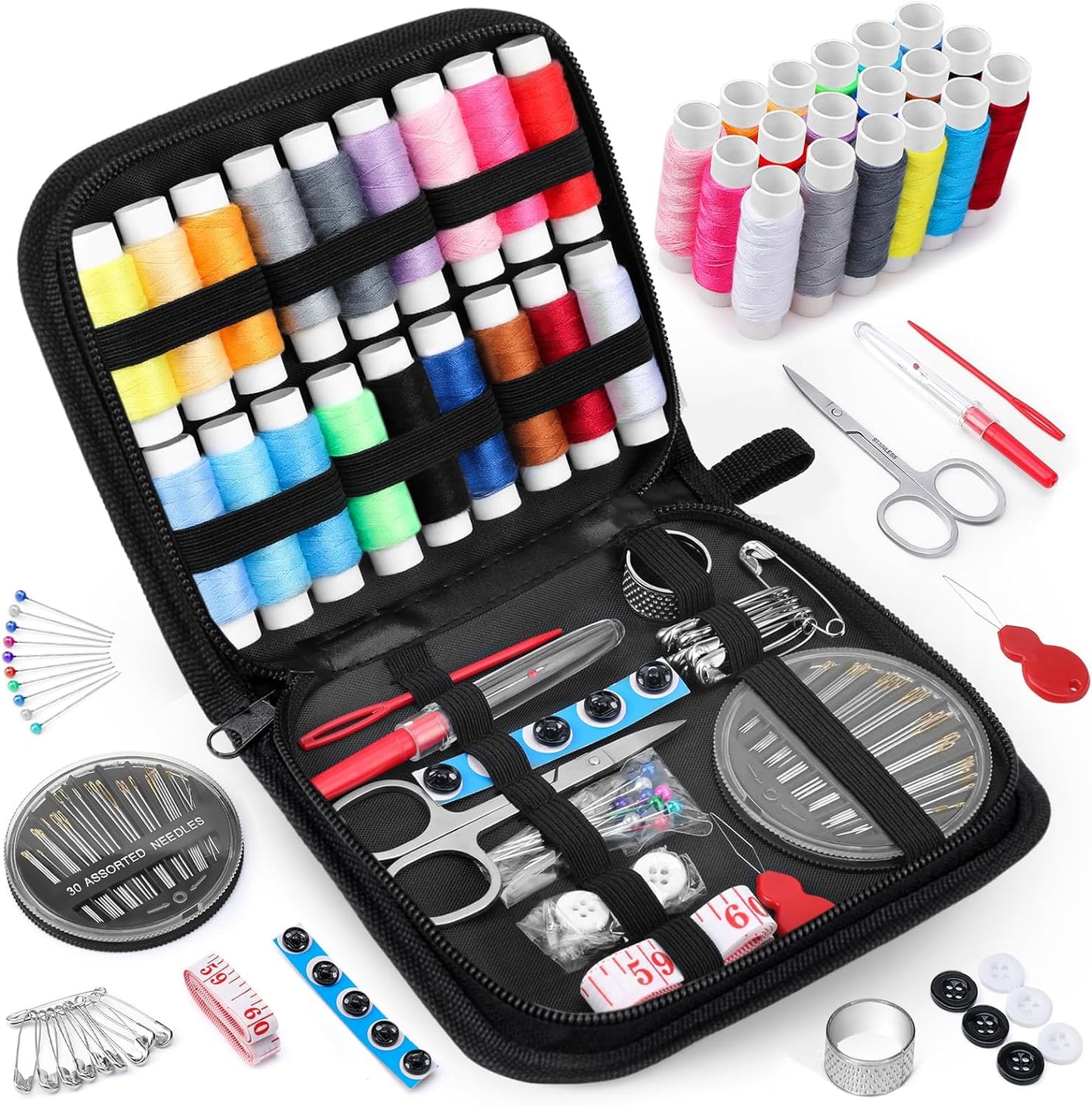 Sewing Kit Gifts for Grandma, Mom, Friend, Adults Beginner Kids Traveler, Portable Sewing Supplies Accessories with Case Contains Thread, Needle, Scissors, Measure Tape, Thimble Etc(Black, M)