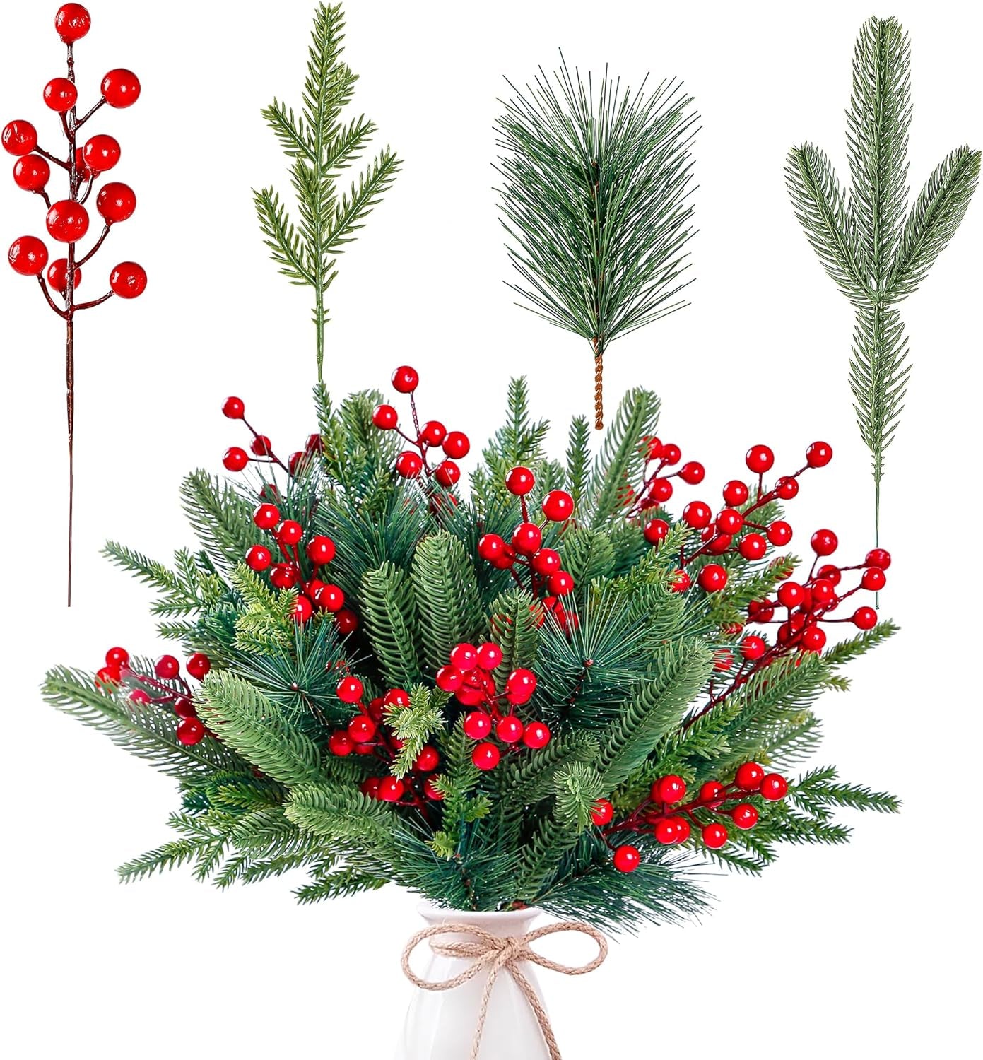 60 Pcs Artificial Pine Branches Fake Greenery Pine Picks Artificial Red Berry Stems Christmas Pine Needles for DIY Christmas Garland Wreath Xmas Embellishing Flower Arrangements Decoration