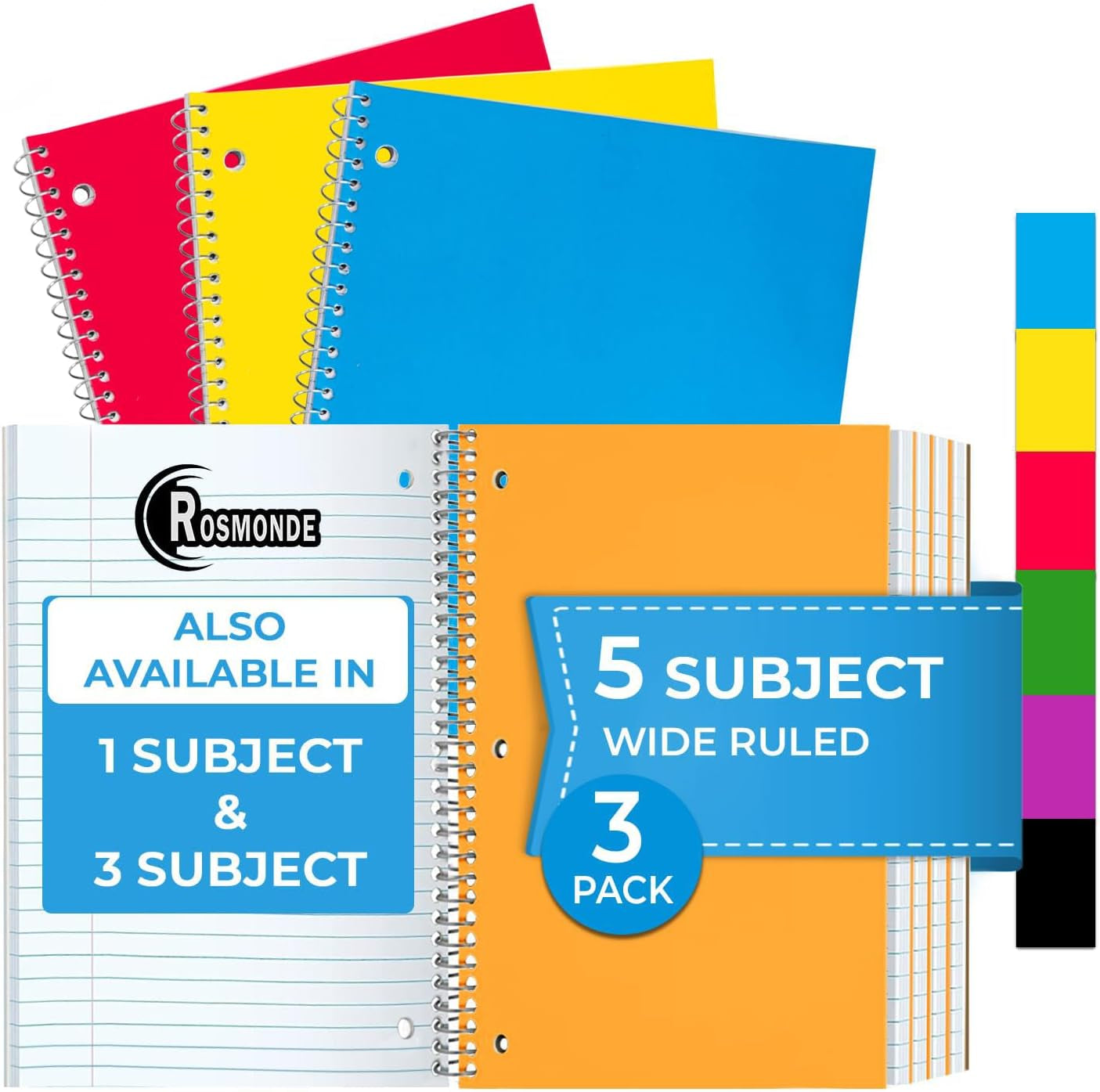 Spiral Notebooks, 12 Pack, 1 Subject Notebook, Wide Ruled, 70 Sheets, 8 X 10-1/2", 3 Hole Punched, School Supplies, Bulk Single Subject Spiral Notebook Bulk, Assorted Colors Pack of Notebooks