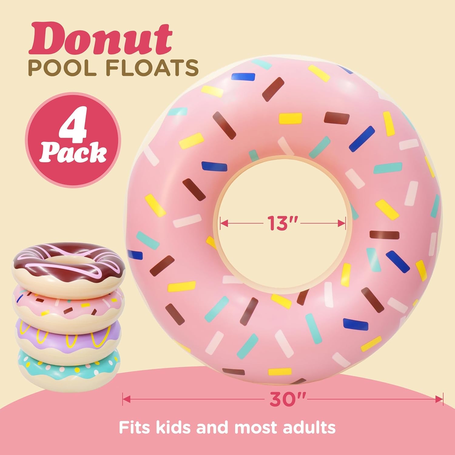 4 Pack Donut Pool Floats for Kids & Adults 30" Swim Rings Tubes Floaties for Swimming Pool, Donut Inflatable for Party Decorations Beach Toys by