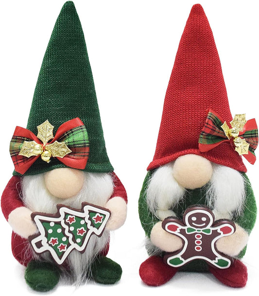 Christmas Gnomes Plush with Gingerbread,Handmade Xmas Tomte Swedish Nordic Red Green Gnomes Figurine Classical Navidad Elf Gifts Noel Ornaments for Home Office Decor