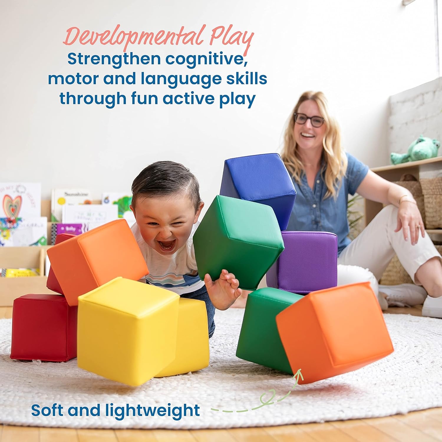 Softzone Patchwork Toddler Building Blocks, Foam Cubes, Assorted, 12-Piece